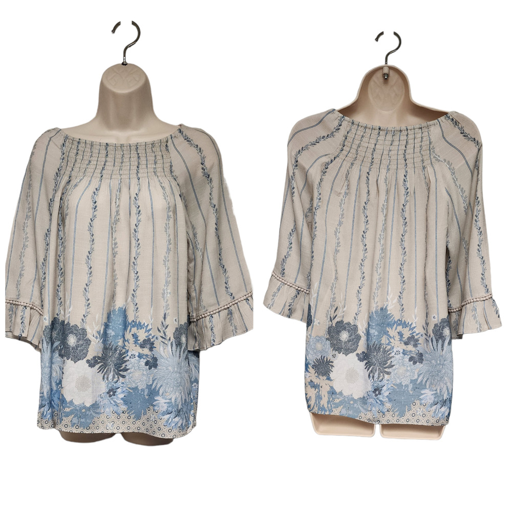 New Direction Ruffle Boat Neckline 3/4 Bell Sleeve Tunic Floral Blouse Small